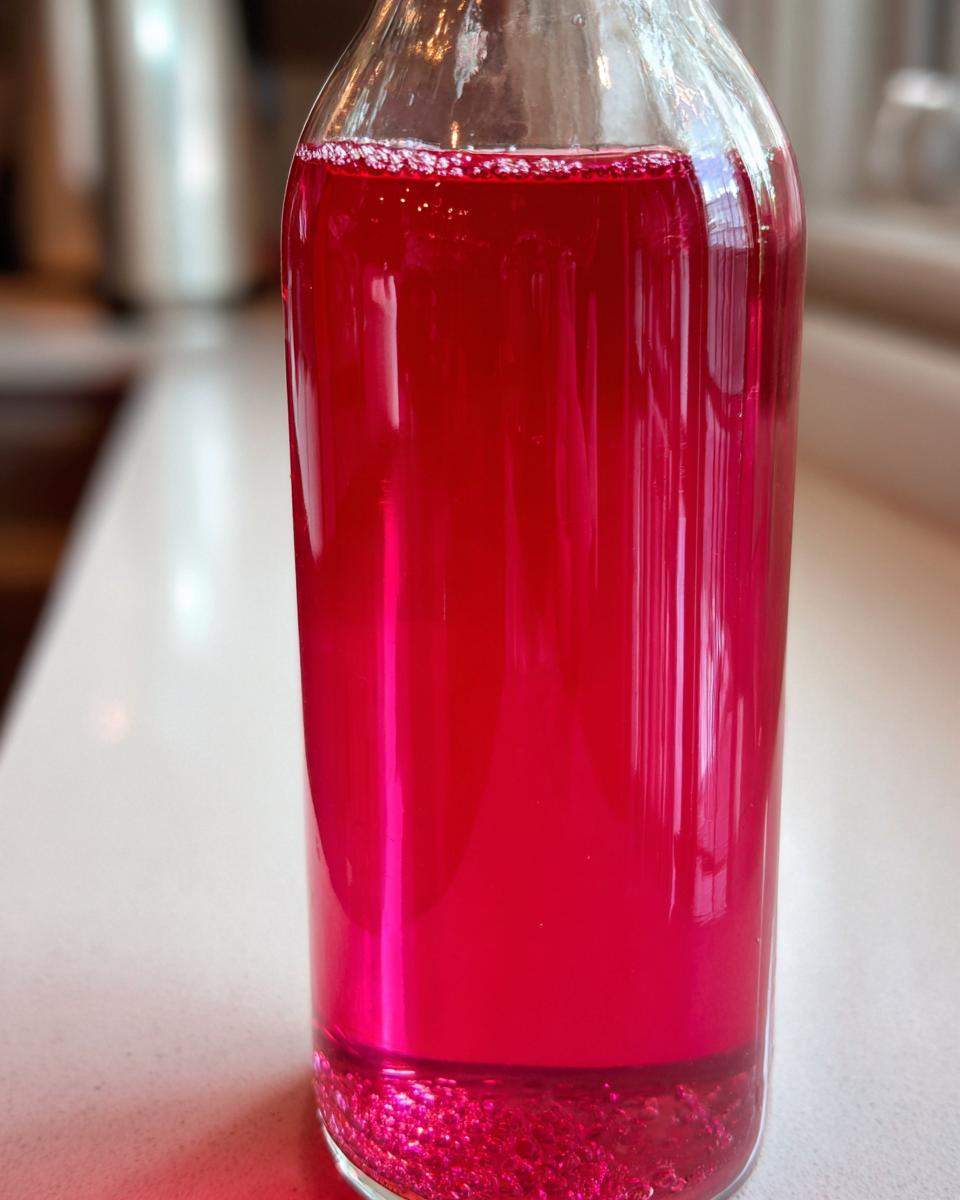 Nahaufnahme von intensiv pinkem Rhabarbersirup in einer Glasflasche, der leuchtend rot erscheint.