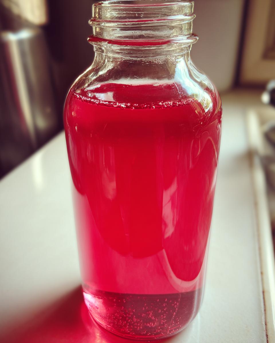 Nahaufnahme einer Glasflasche, gefüllt mit intensiv pinkem Rhabarbersirup, der im Licht leuchtet.