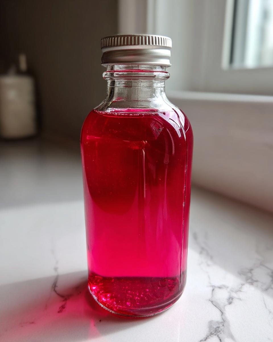Eine Glasflasche gefüllt mit intensiv pinkem Rhabarbersirup steht auf einer hellen Marmoroberfläche.