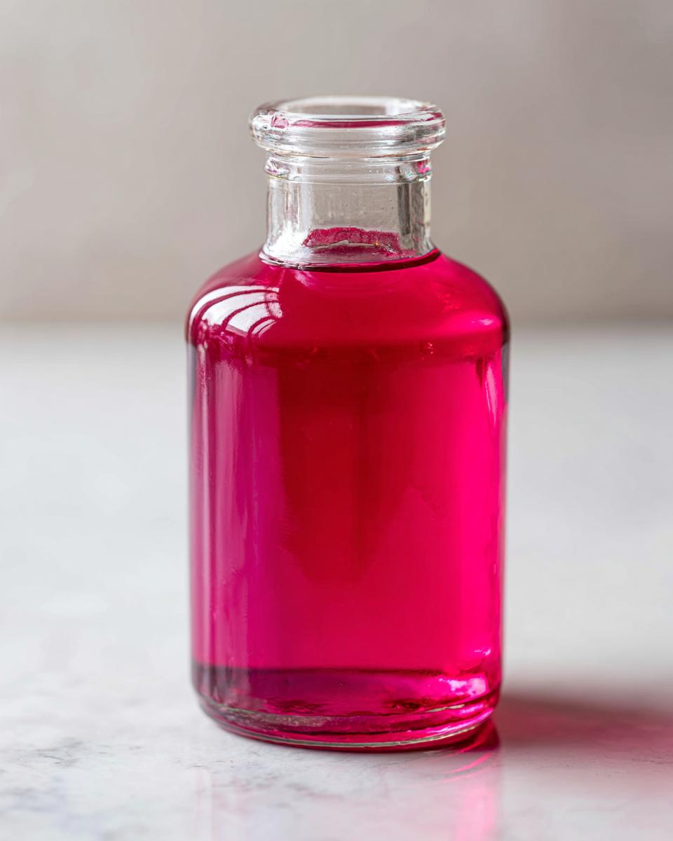 Nahaufnahme einer Glasflasche, gefüllt mit intensiv pinkem Rhabarbersirup vor hellem Hintergrund.