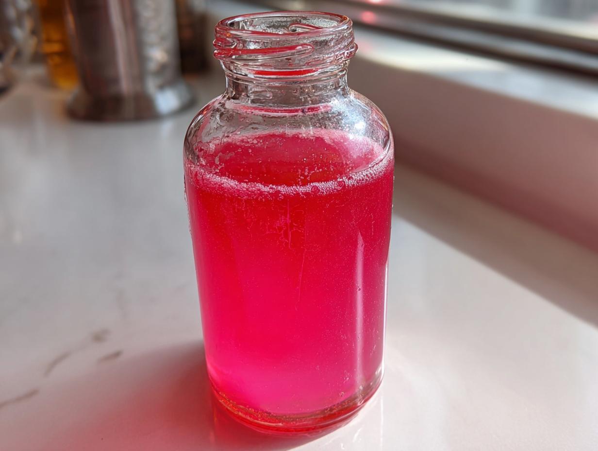 Nahaufnahme von intensiv pinkem Rhabarbersirup in einer kleinen Glasflasche, die auf einer hellen Oberfläche steht.
