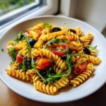 Nahaufnahme eines Italienischer Nudelsalat ohne Mayo mit Fusilli, Kirschtomaten, schwarzen Oliven und Rucola in einer weißen Schale.