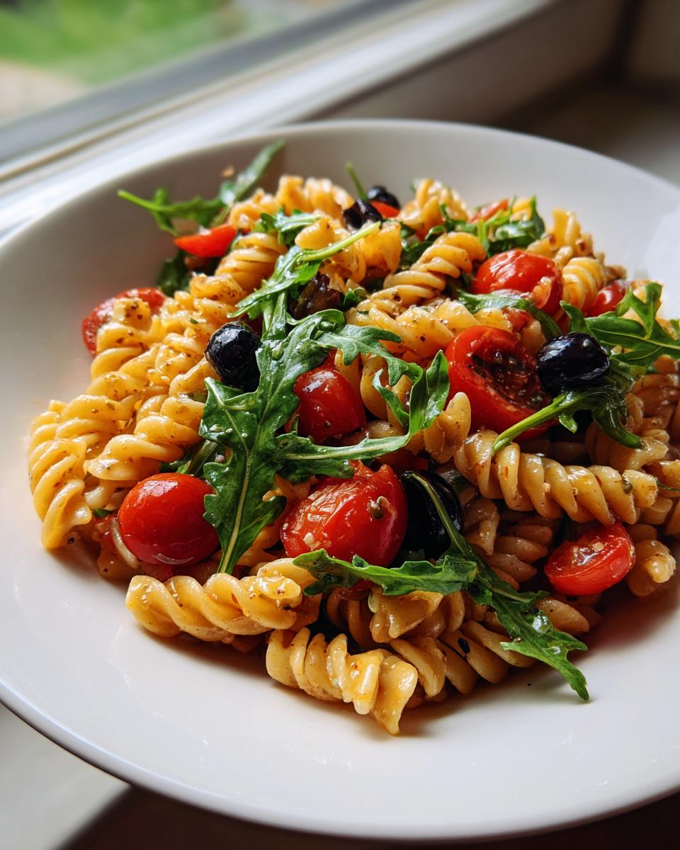 Nahaufnahme eines Italienischer Nudelsalat ohne Mayo mit Fusilli, Kirschtomaten, schwarzen Oliven und Rucola in einer weißen Schüssel.