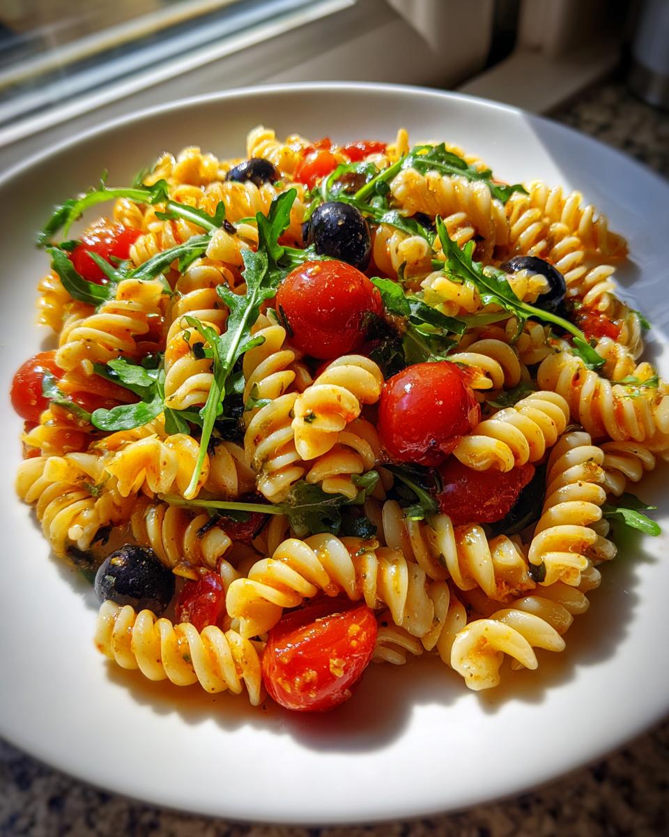 Nahaufnahme eines Italienischer Nudelsalat ohne Mayo mit Fusilli, Kirschtomaten, schwarzen Oliven und Rucola auf einem weißen Teller.