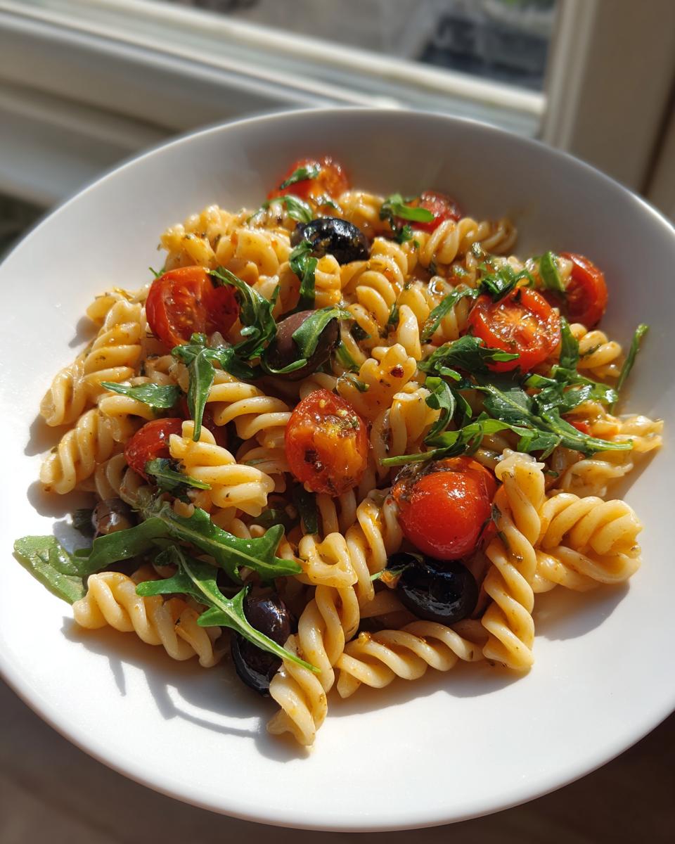 Nahaufnahme eines Italienischer Nudelsalat ohne Mayo mit Fusilli, Kirschtomaten, schwarzen Oliven und Rucola.