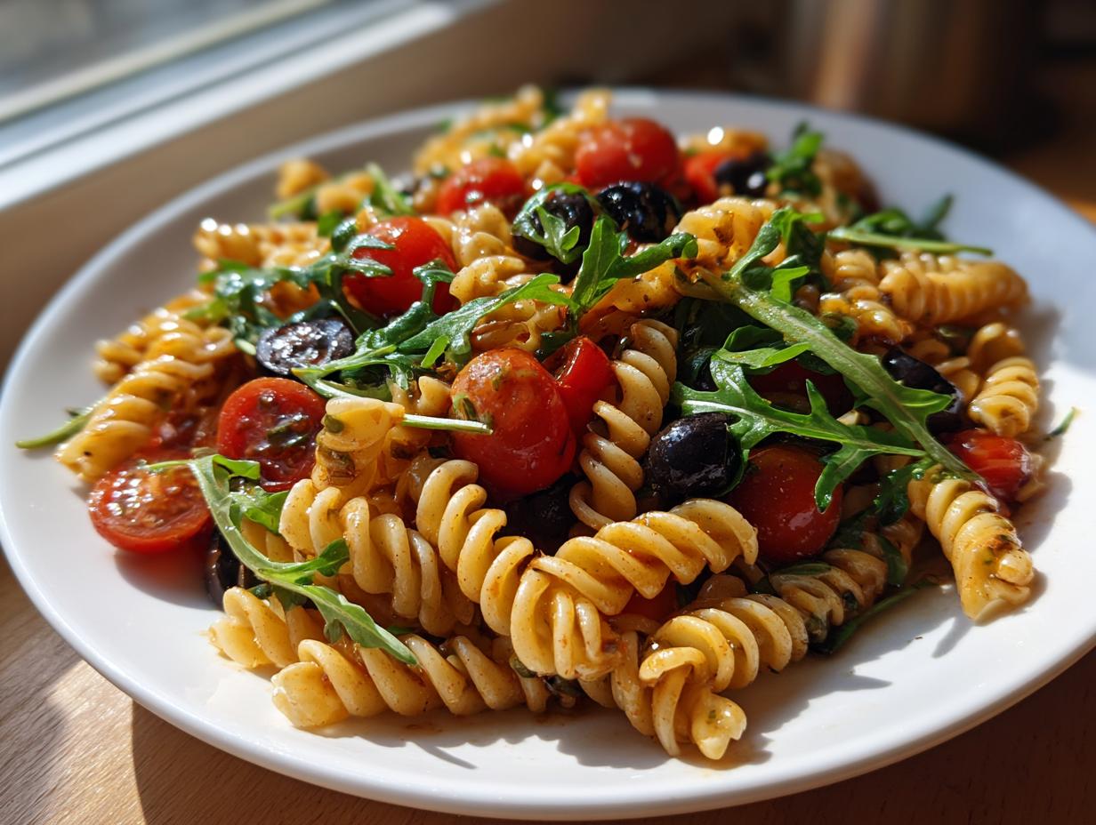 Nahaufnahme eines Italienischer Nudelsalat ohne Mayo mit Fusilli, Kirschtomaten, schwarzen Oliven und Rucola auf einem weißen Teller.