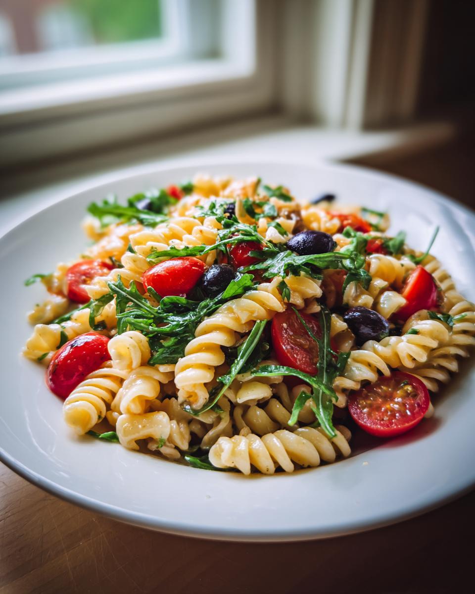 Teller mit Italienischer Nudelsalat ohne Mayo, bestehend aus Fusilli, Kirschtomaten, schwarzen Oliven und Rucola.