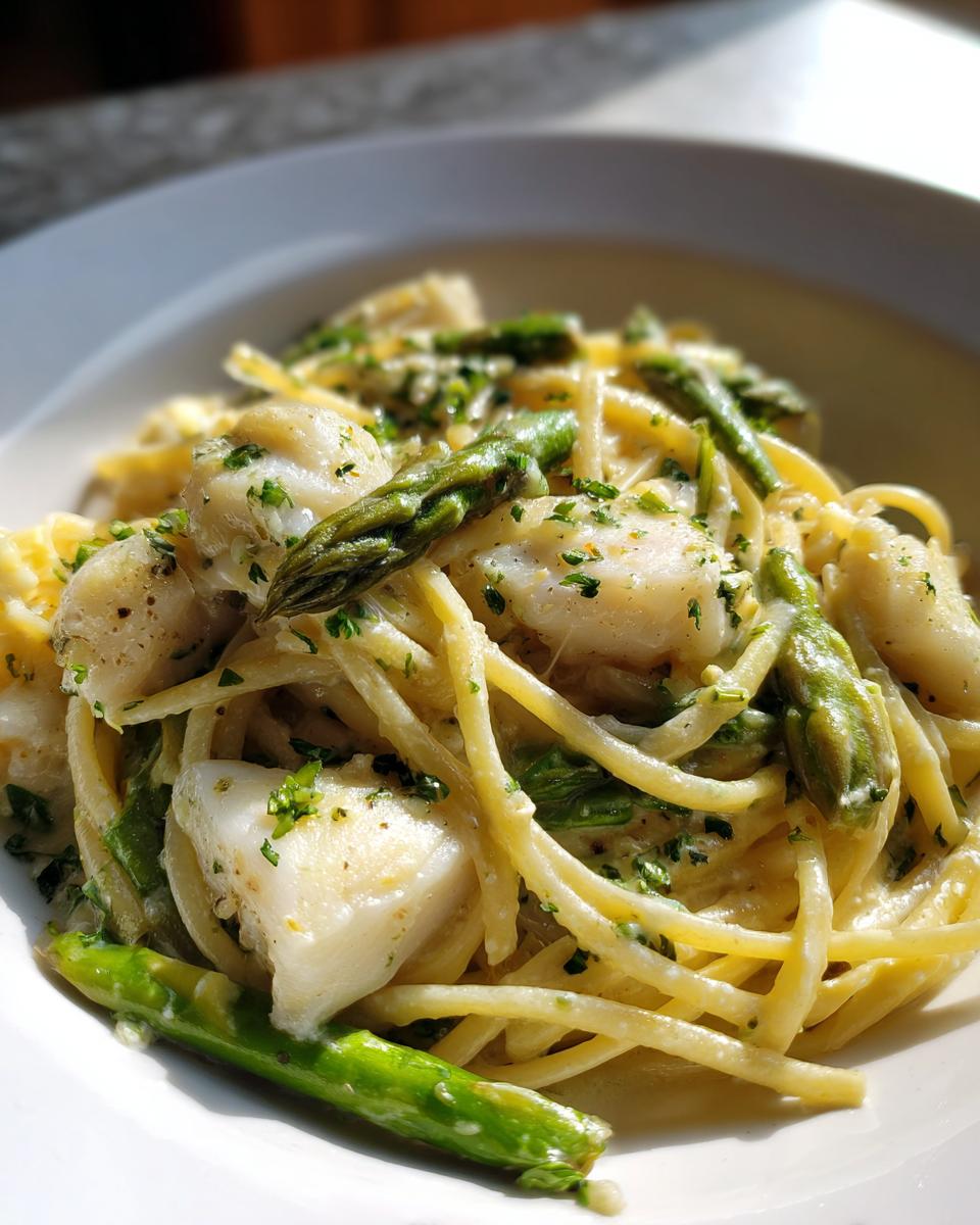 Nahaufnahme von Kabeljau Spargel Pasta mit Stücken von Kabeljau, grünem Spargel und Petersilie in einer cremigen Sauce.