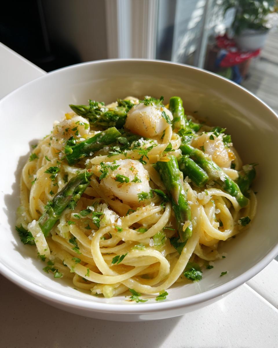 Nahaufnahme von Kabeljau Spargel Pasta in Zitronensauce, garniert mit Petersilie und Parmesan.