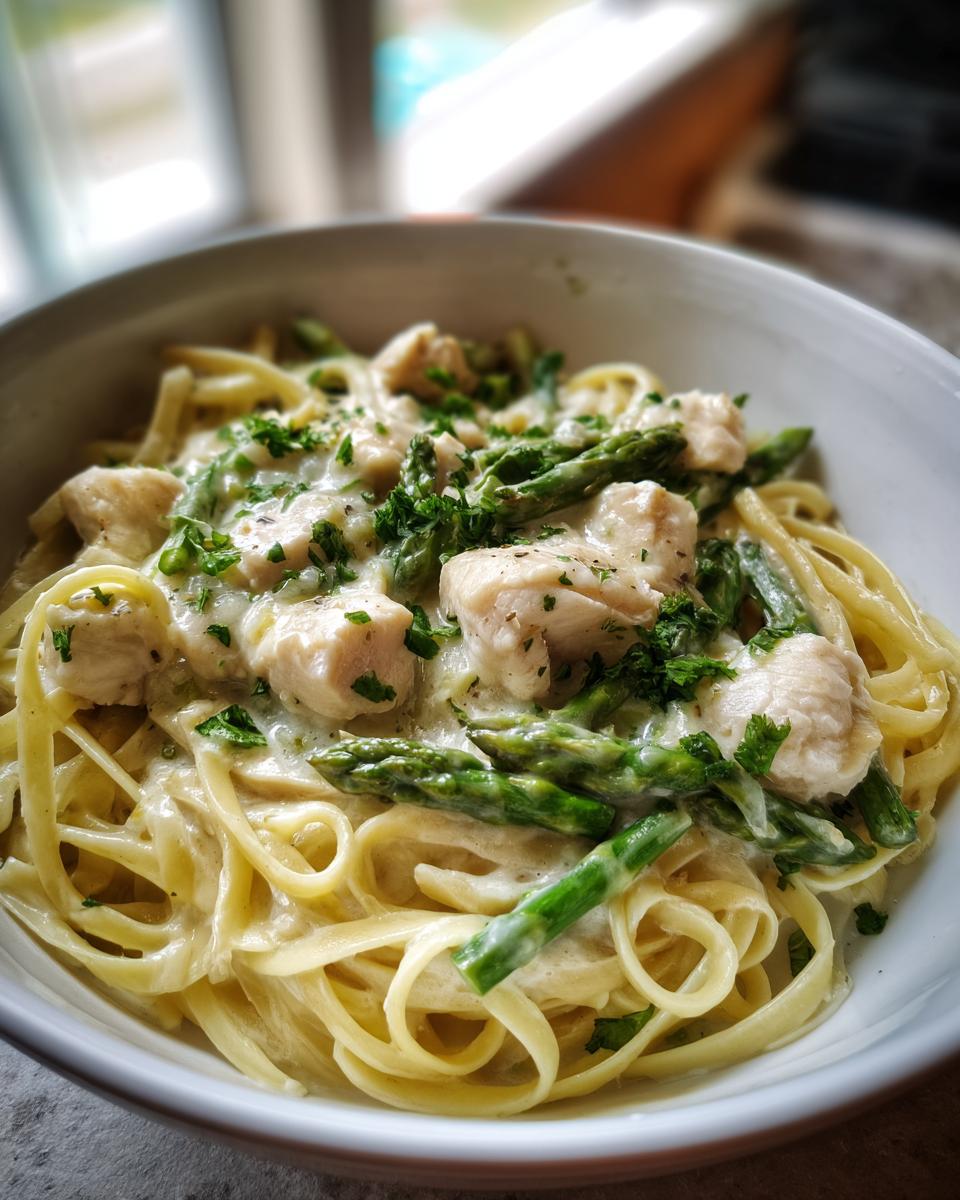 Nahaufnahme von Kabeljau Spargel Pasta mit Stücken von Kabeljau, grünem Spargel und Petersilie in einer hellen Zitronensauce.
