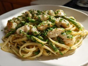 Nahaufnahme von Kabeljau Spargel Pasta in cremiger Zitronensauce, garniert mit Petersilie.