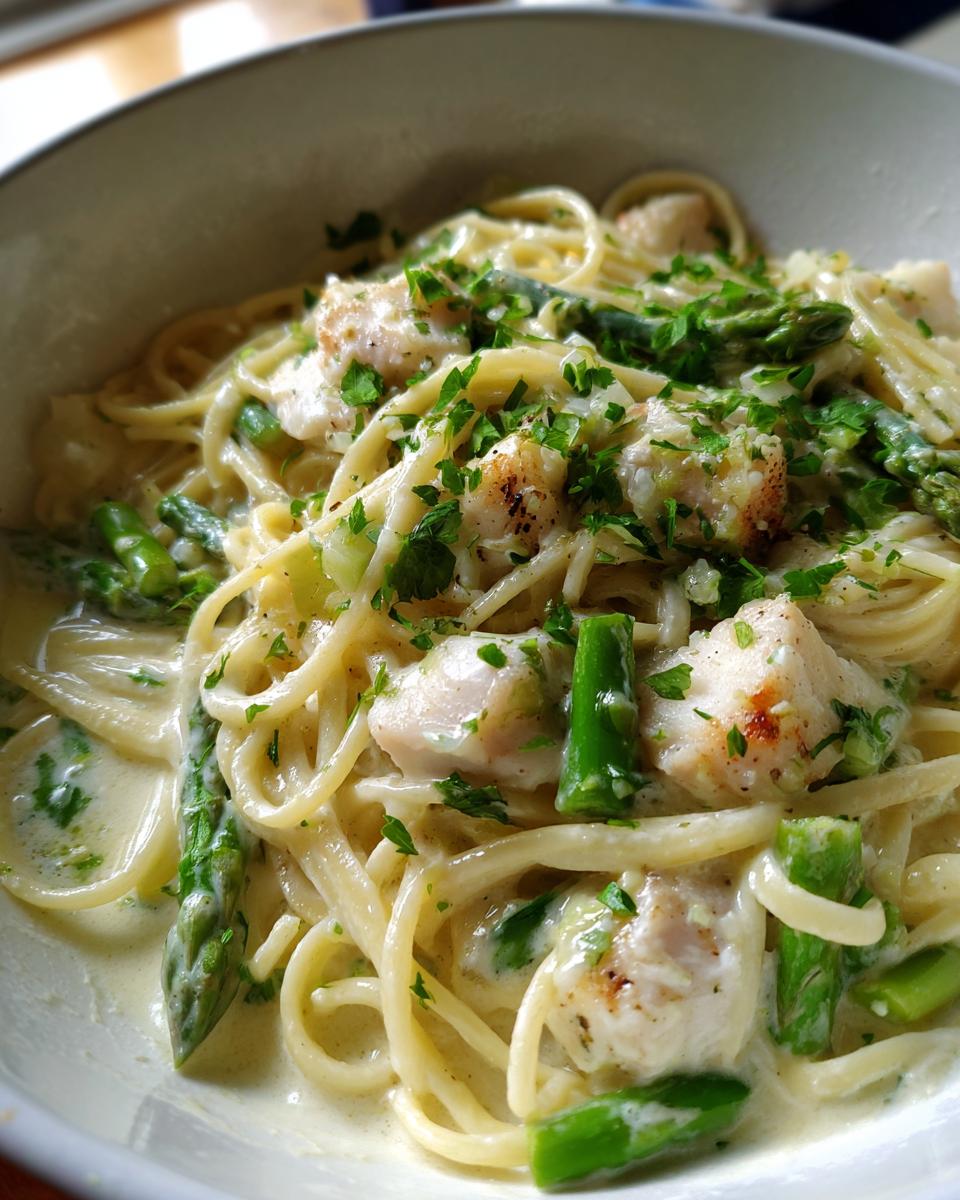 Nahaufnahme von Kabeljau Spargel Pasta mit reichlich grünen Spargelstücken und Petersilie in einer hellen Zitronensauce.