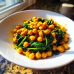 Nahaufnahme der Kichererbsen-Pfanne mit Spinat in einer weißen Schüssel, appetitlich gewürzt.