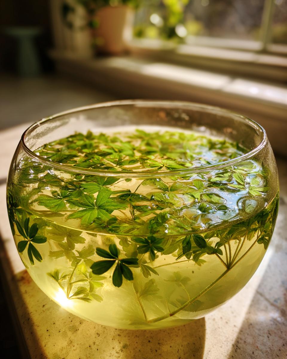 Nahaufnahme einer Klassische Maibowle mit Waldmeister in einer Glasschale, die im Sonnenlicht leuchtet.