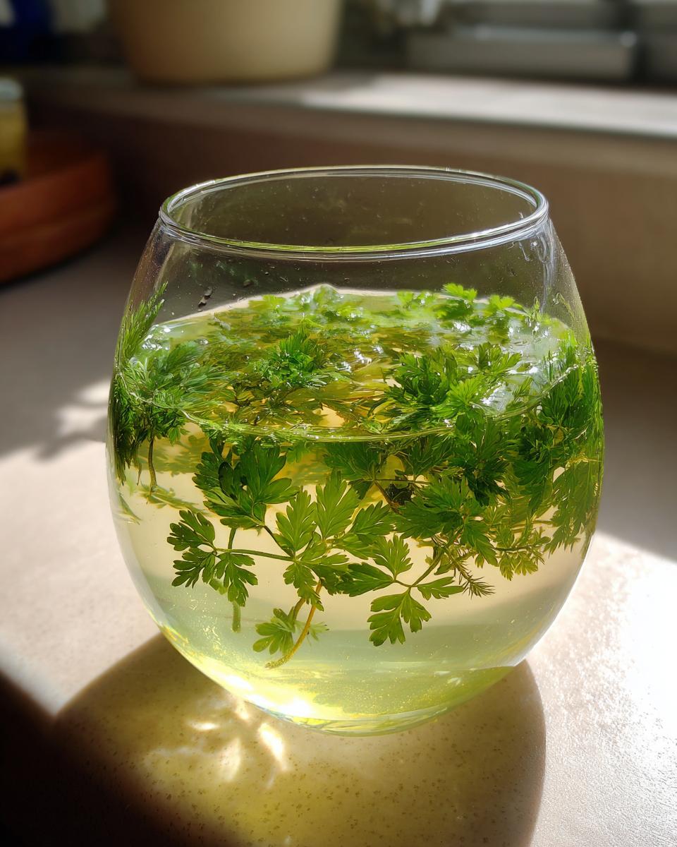 Nahaufnahme einer Glas mit Klassische Maibowle mit Waldmeister, die hellgrün aussieht und mit frischen Waldmeisterblättern gefüllt ist.