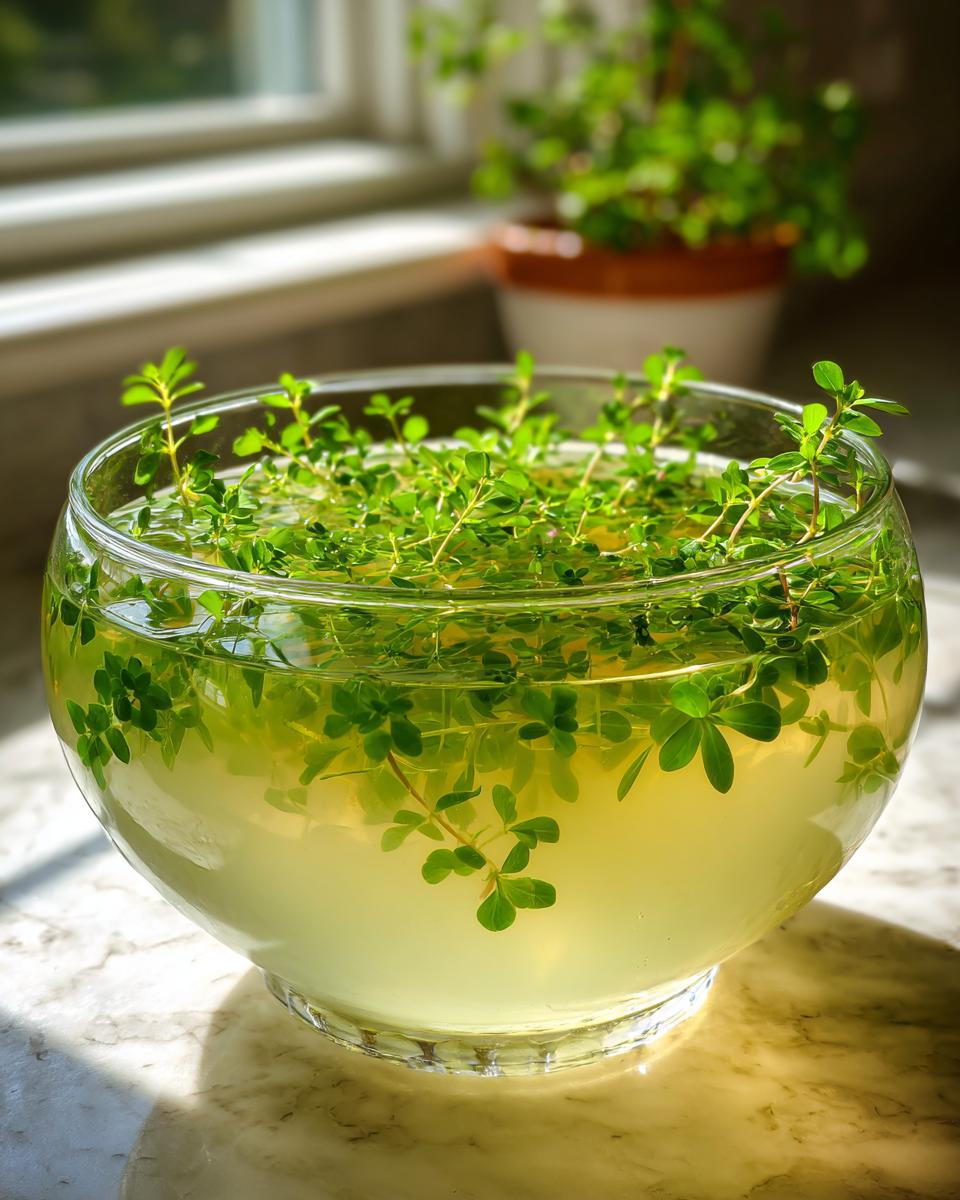 Nahaufnahme einer Glasschale mit gelblicher Flüssigkeit und reichlich frischem Waldmeister für die Klassische Maibowle mit Waldmeister.