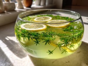 Nahaufnahme einer Schale mit Maibowle, gefüllt mit gelbem Wein, Waldmeister und Zitronenscheiben.