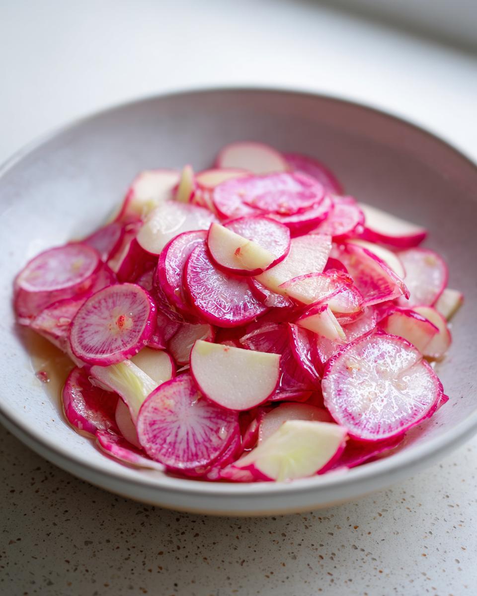 Nahaufnahme von dünn geschnittenen, leuchtend rosa Radieschenscheiben für den knackigen Radieschensalat in einer hellen Schale.
