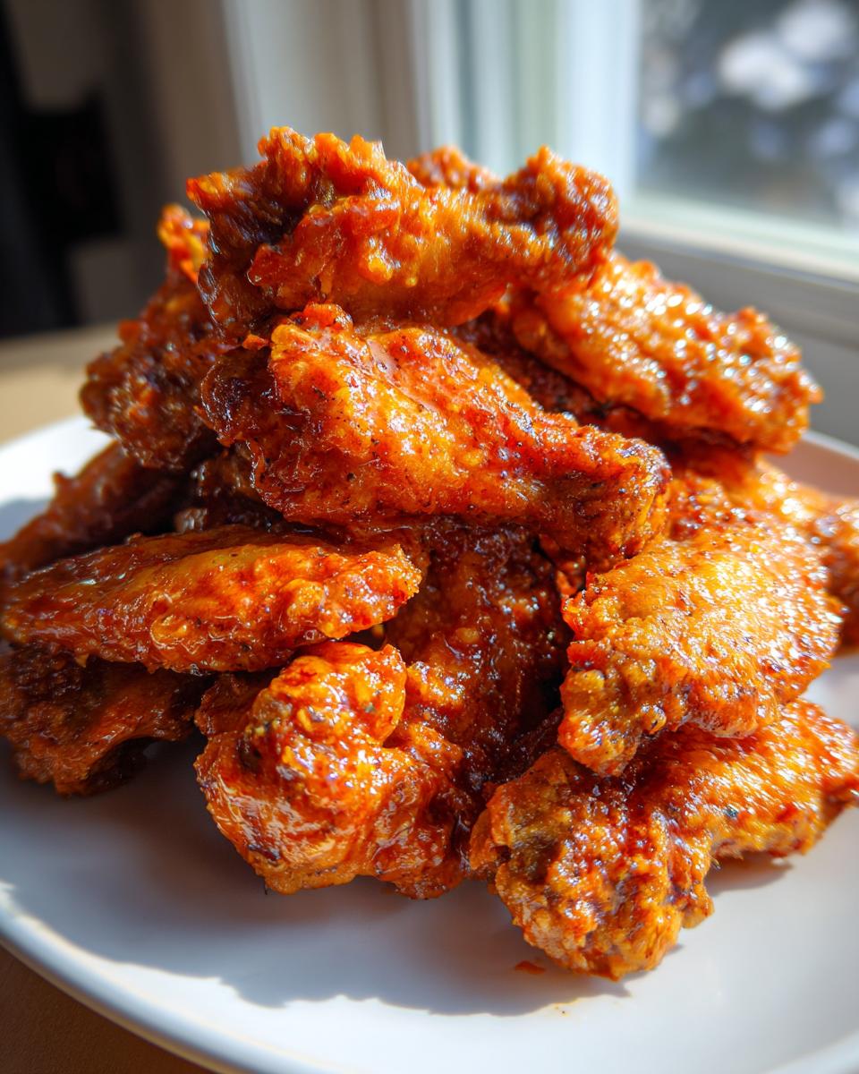 Nahaufnahme eines Stapels glänzender, rot-orange glasierter Buffalo Wings auf einem weißen Teller.