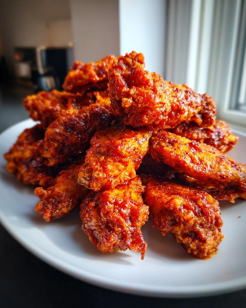 Ein Haufen knuspriger Buffalo Wings mit leuchtend roter, glänzender Glasur auf einem weißen Teller.