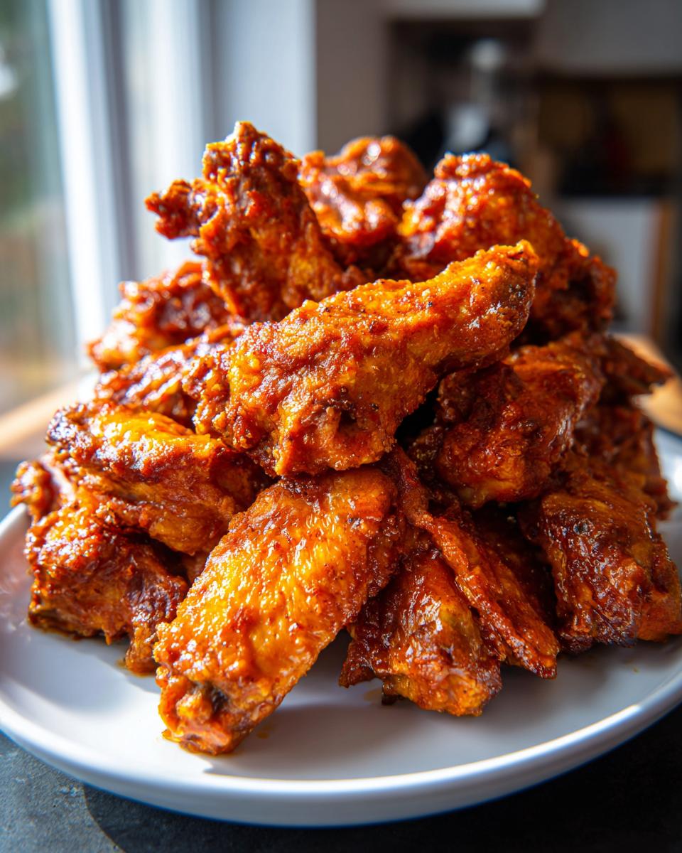 Ein großer Stapel perfekt glasierter, knuspriger Buffalo Wings auf einem weißen Teller.