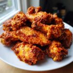 Ein Stapel knuspriger, rot glasierter Buffalo Wings auf einem weißen Teller.
