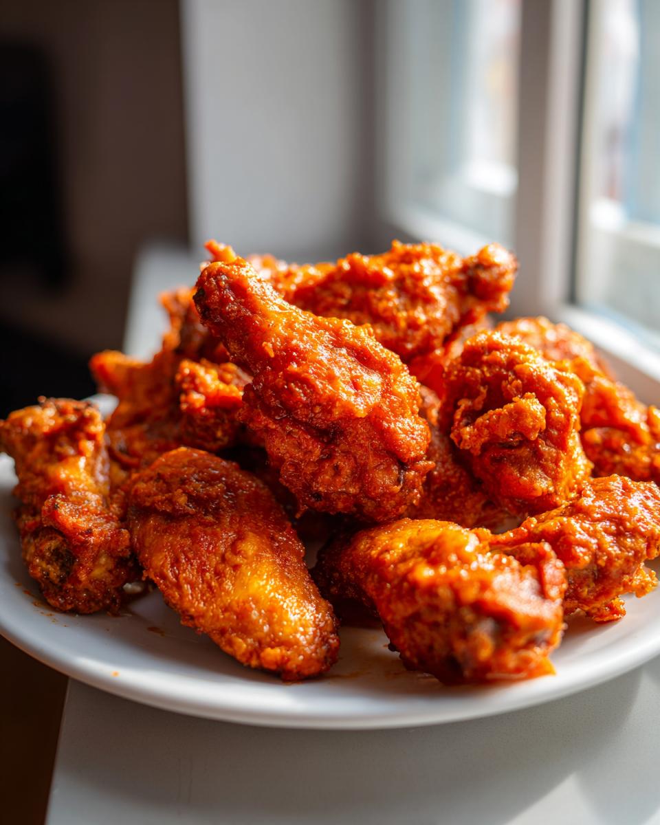 Ein Teller voller knuspriger, rot glasierter Buffalo Wings, beleuchtet durch natürliches Licht.