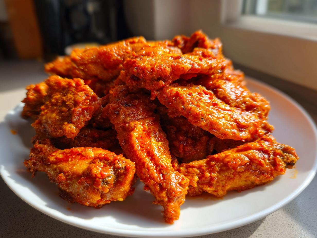 Ein Teller voller knuspriger, rot glasierter Buffalo Wings, appetitlich angerichtet im Sonnenlicht.