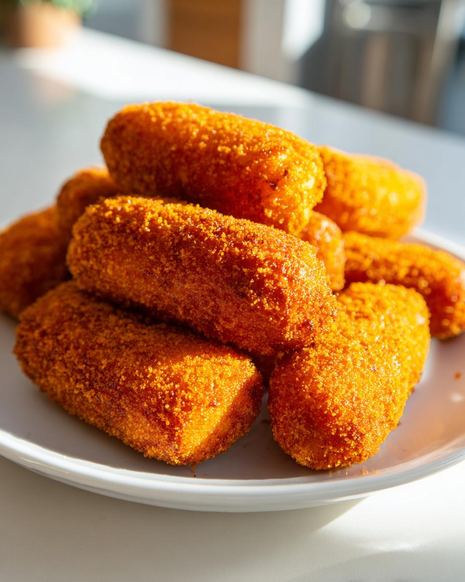 Nahaufnahme von mehreren goldbraunen, panierten Corn Dogs, die auf einem weißen Teller gestapelt sind.