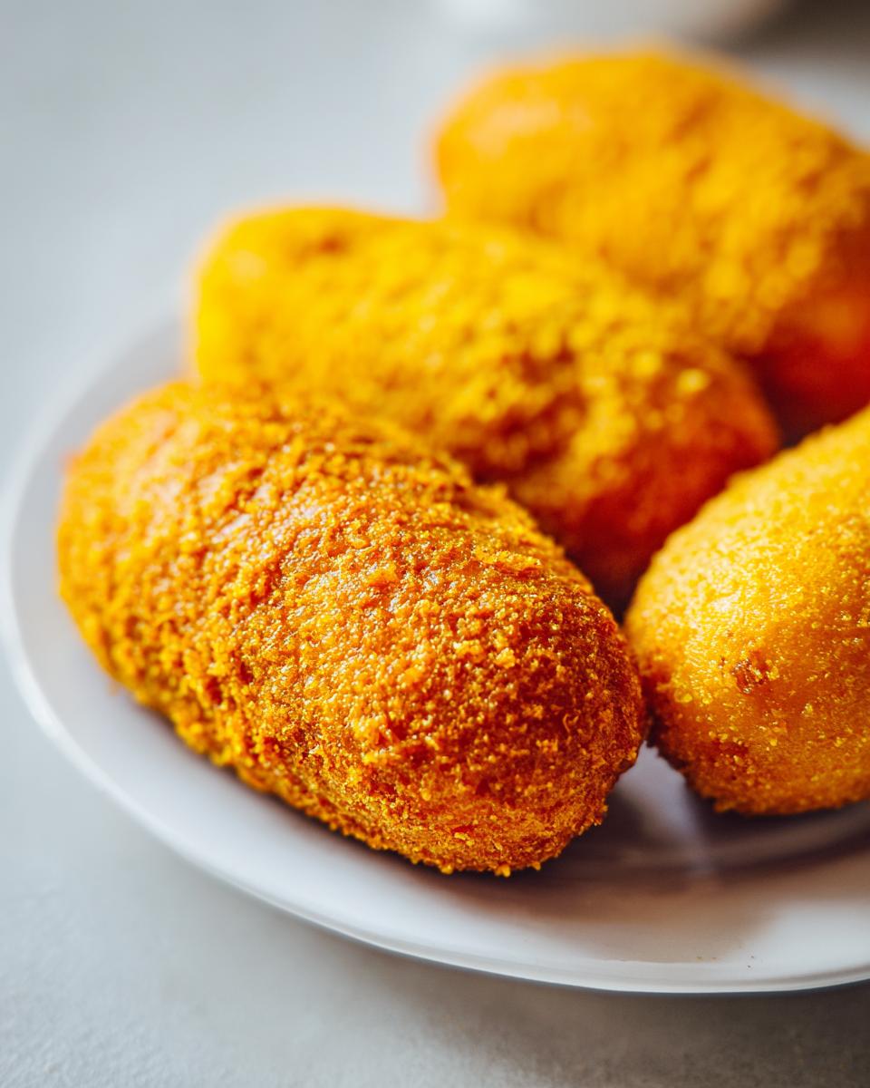 Nahaufnahme von vier knusprigen, goldgelben Corn Dogs, die auf einem weißen Teller angerichtet sind.