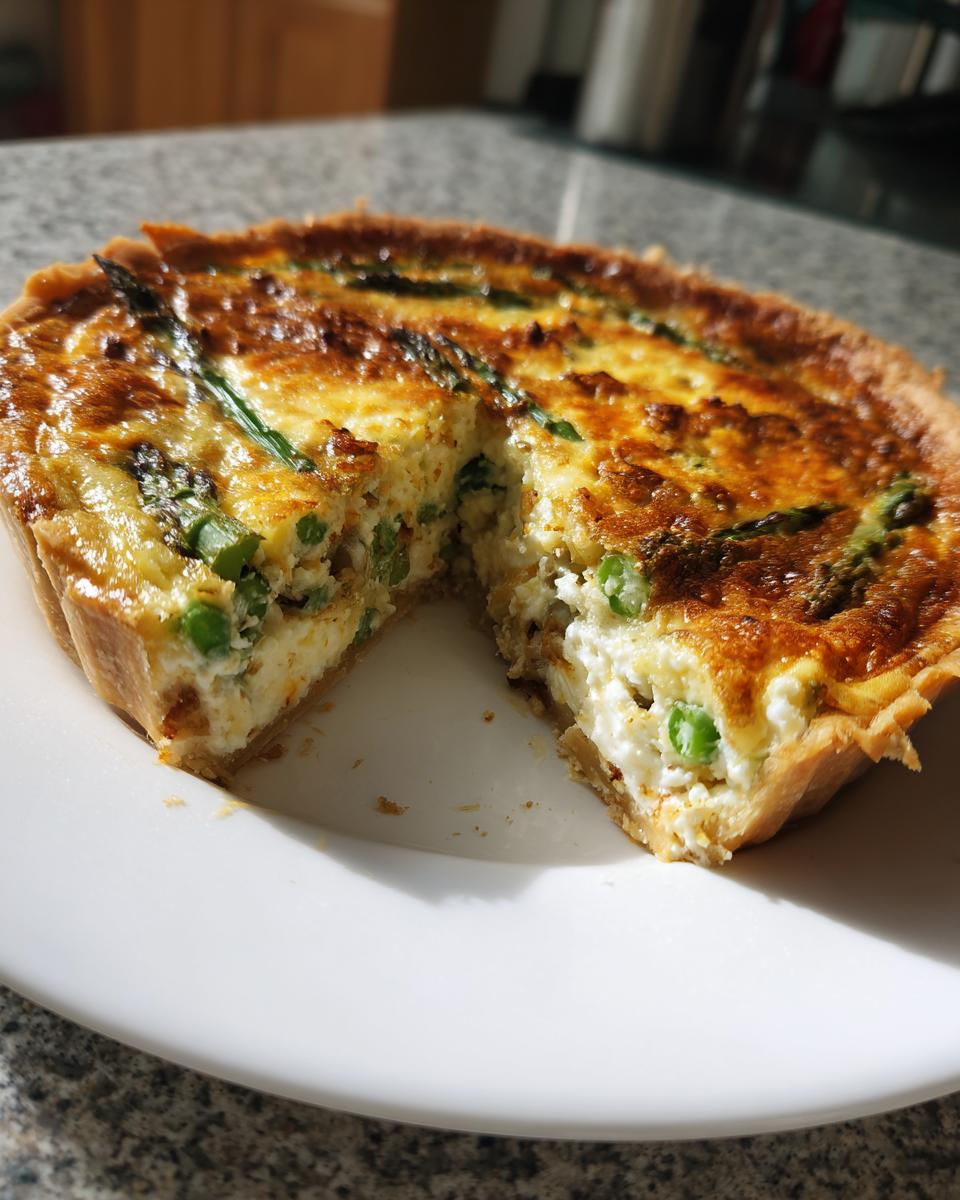Eine angeschnittene, goldbraun gebackene Knusprige Spargelquiche mit sichtbarer Füllung aus Ei, Käse, Spargel und Erbsen auf einem weißen Teller.