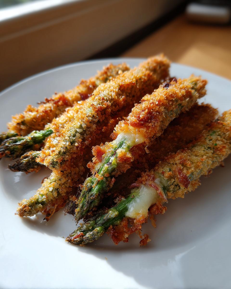 Mehrere goldbraun panierte Spargelstangen, die als Spargel-Cordon-Bleu zubereitet sind, auf einem weißen Teller.