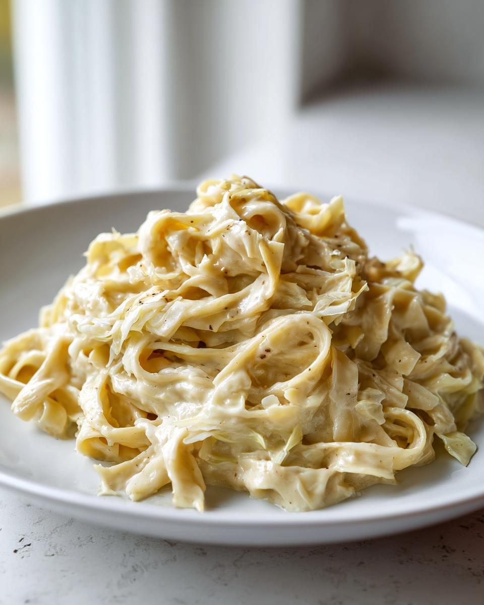 Nahaufnahme von cremigem Kohl-Alfredo mit Bandnudeln auf einem weißen Teller.
