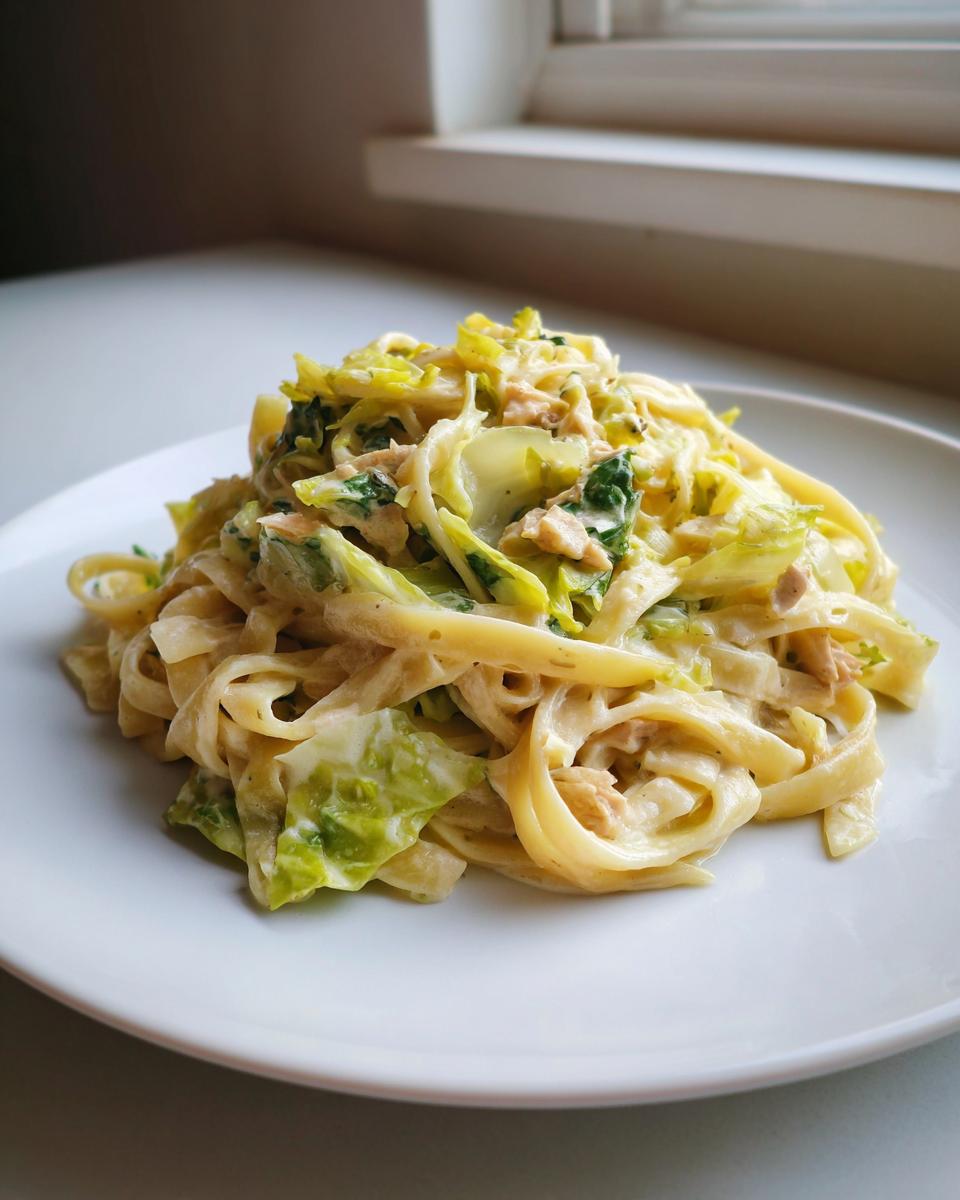 Nahaufnahme von cremigem Kohl-Alfredo mit Bandnudeln und viel grünem Kohl auf einem weißen Teller.