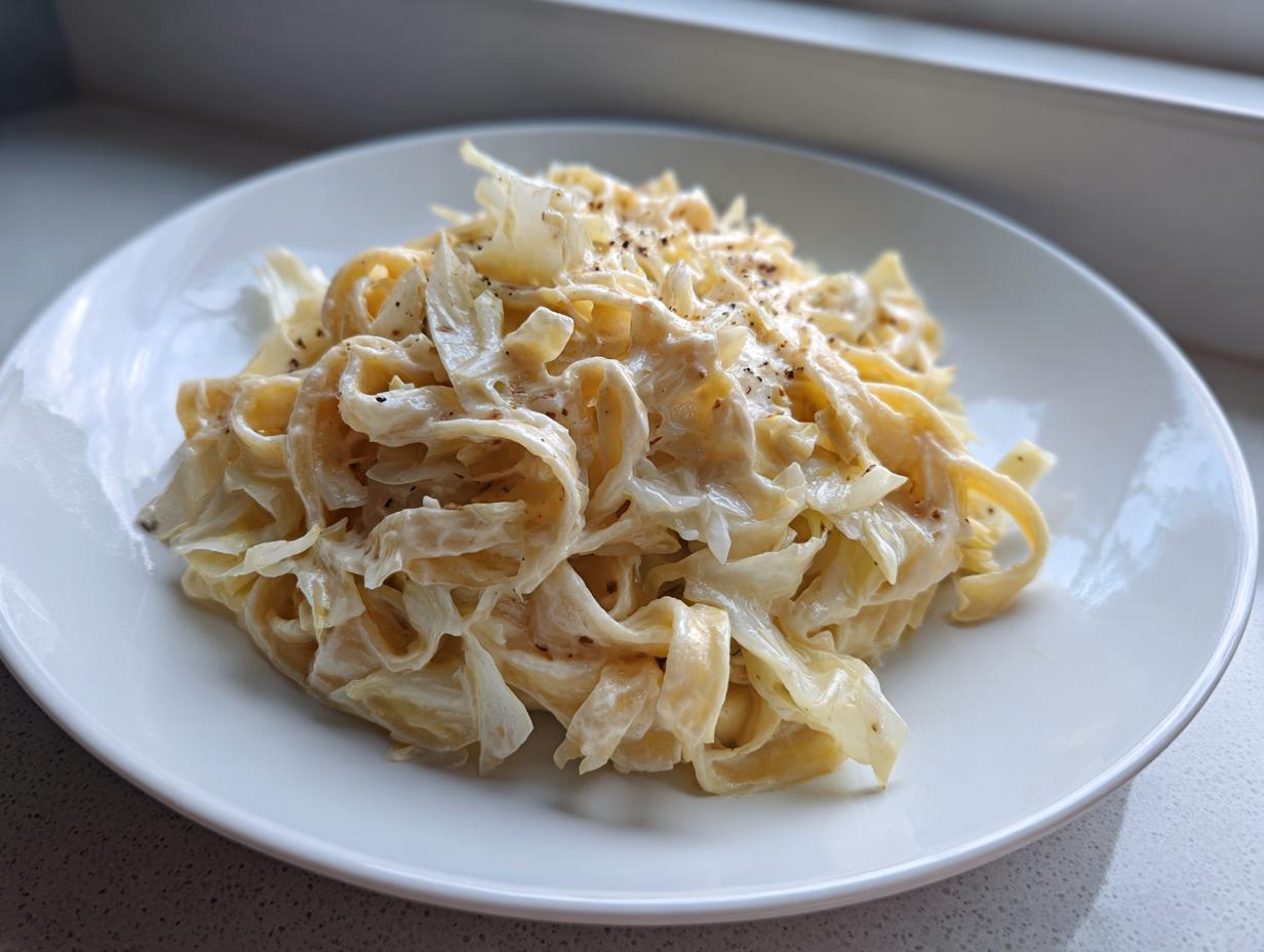 Nahaufnahme von cremigem Kohl-Alfredo mit breiten Nudeln, bestreut mit schwarzem Pfeffer auf einem weißen Teller.