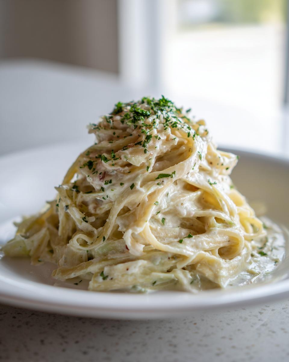 Nahaufnahme von cremigem Kohl-Alfredo mit Bandnudeln, reichhaltiger Soße und frischer Petersilie.
