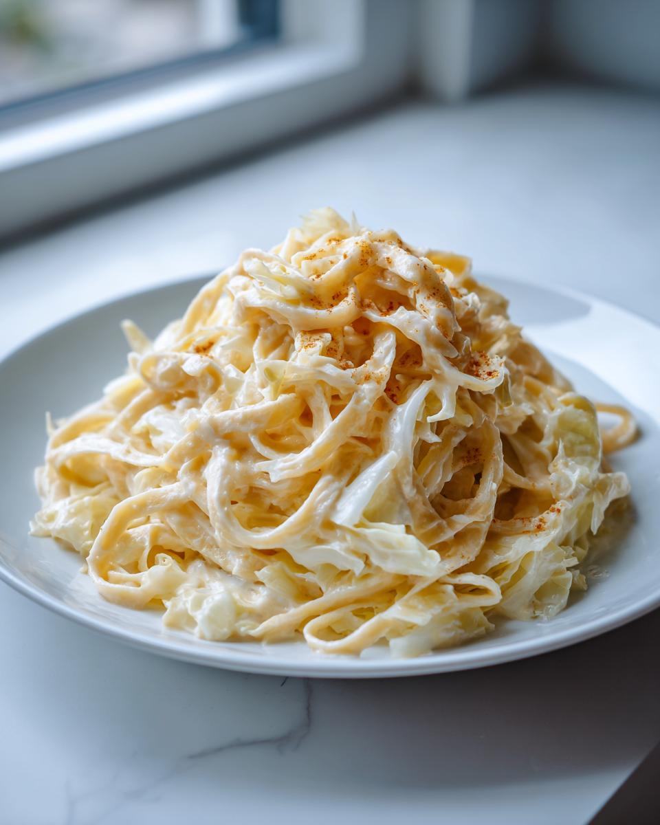 Nahaufnahme von cremigem Kohl-Alfredo, angerichtet auf einem weißen Teller, bestreut mit Paprikapulver.