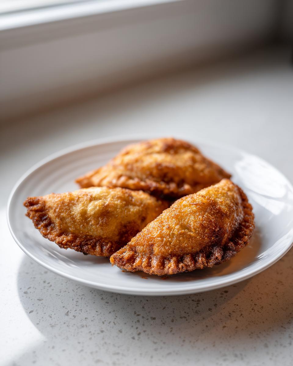 Drei goldbraun frittierte Kohlknödel liegen auf einem weißen Teller, bereit zum Servieren.