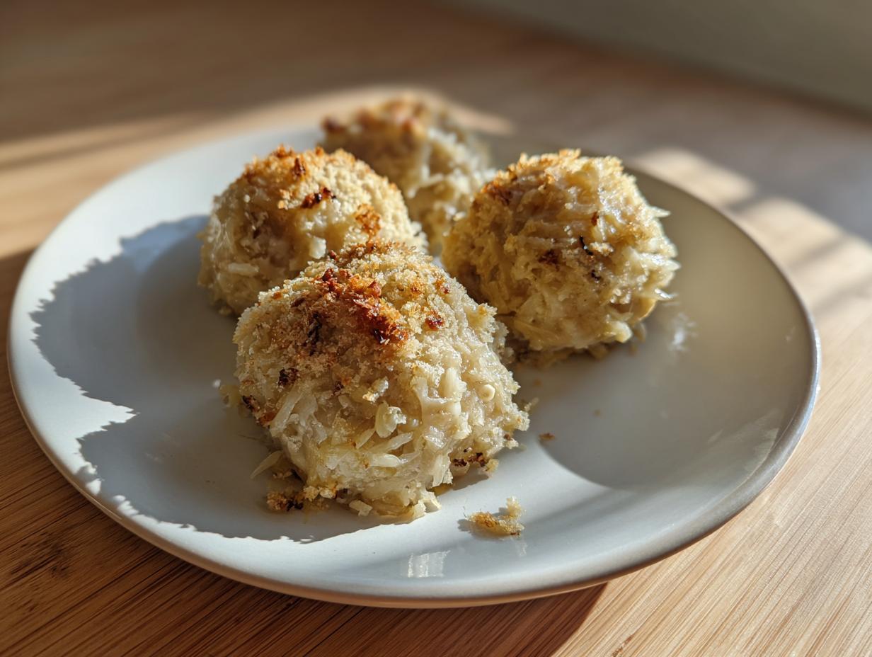Vier goldbraun gebackene Kohlknödel mit knuspriger Panade auf einem weißen Teller.