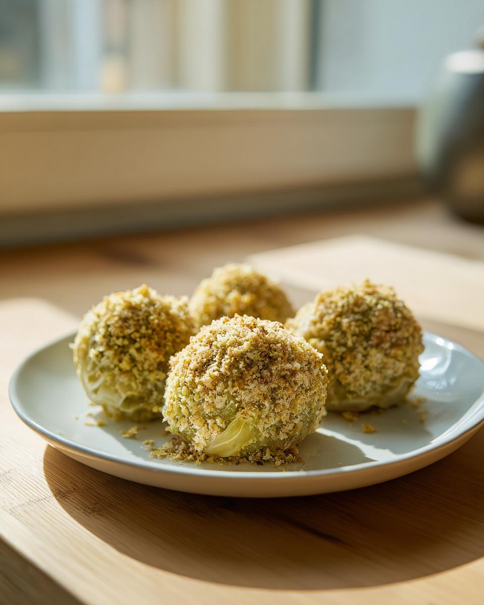Vier fertige Kohlknödel mit einer goldbraunen Semmelbröselpanade auf einem hellblauen Teller.