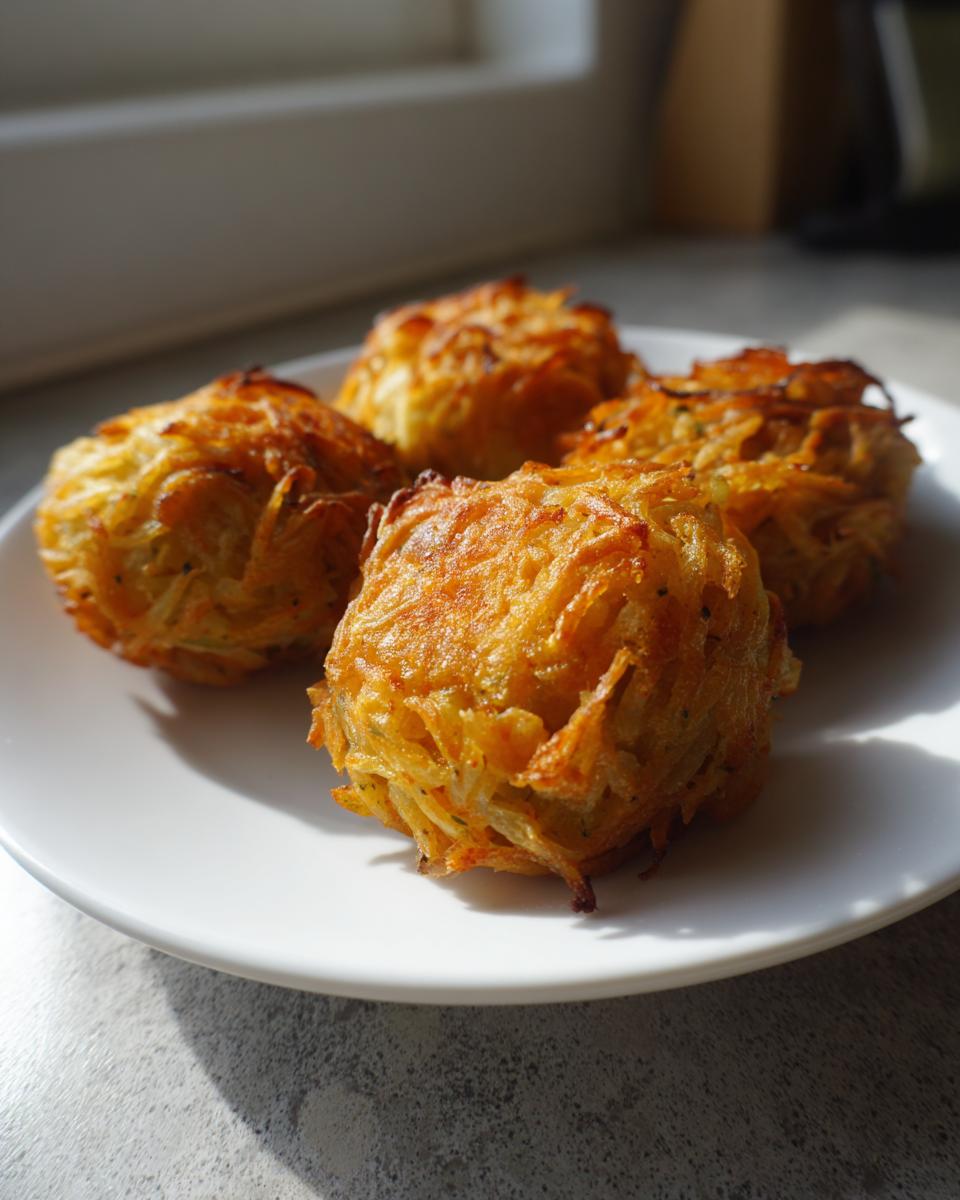 Vier knusprige, goldbraune Kohlknödel aus geriebenen Zutaten auf einem weißen Teller.