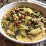Nahaufnahme einer Schüssel mit cremiger Kohlrouladen-Suppe, gefüllt mit Kohlstücken und Hackfleisch.