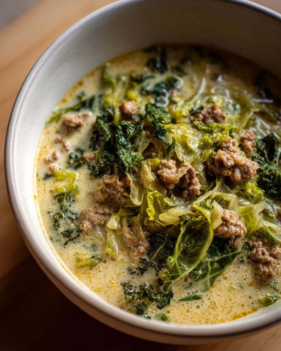 Nahaufnahme einer cremigen Kohlrouladen-Suppe mit viel Grünkohl und braunen Hackfleischstücken in einer hellen Schüssel.
