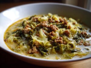 Eine Nahaufnahme einer weißen Schüssel mit cremiger Kohlrouladen-Suppe, gefüllt mit Kohlstücken und Hackfleisch.