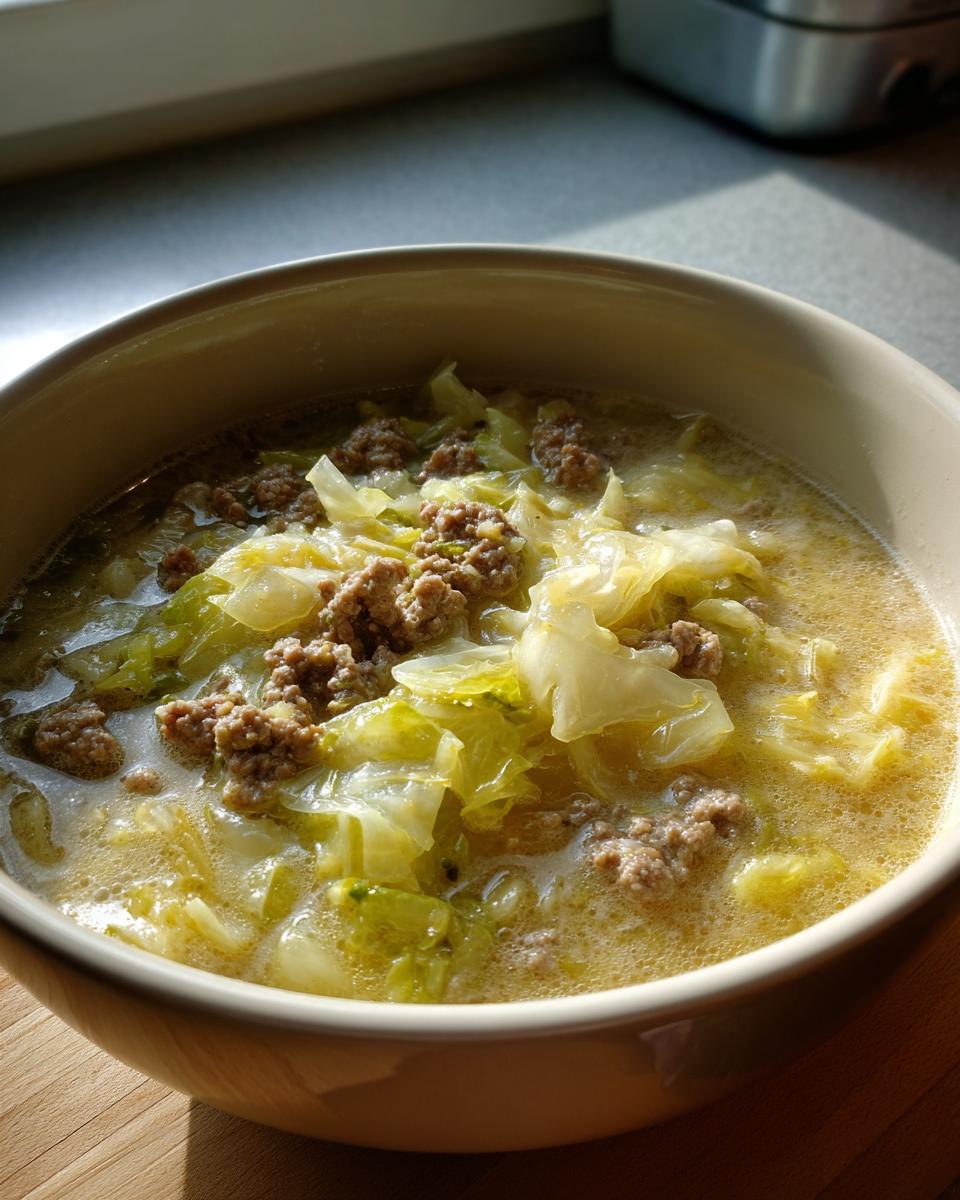 Eine Schüssel mit dampfender Kohlrouladen-Suppe, gefüllt mit Kohlstücken und Hackfleisch.