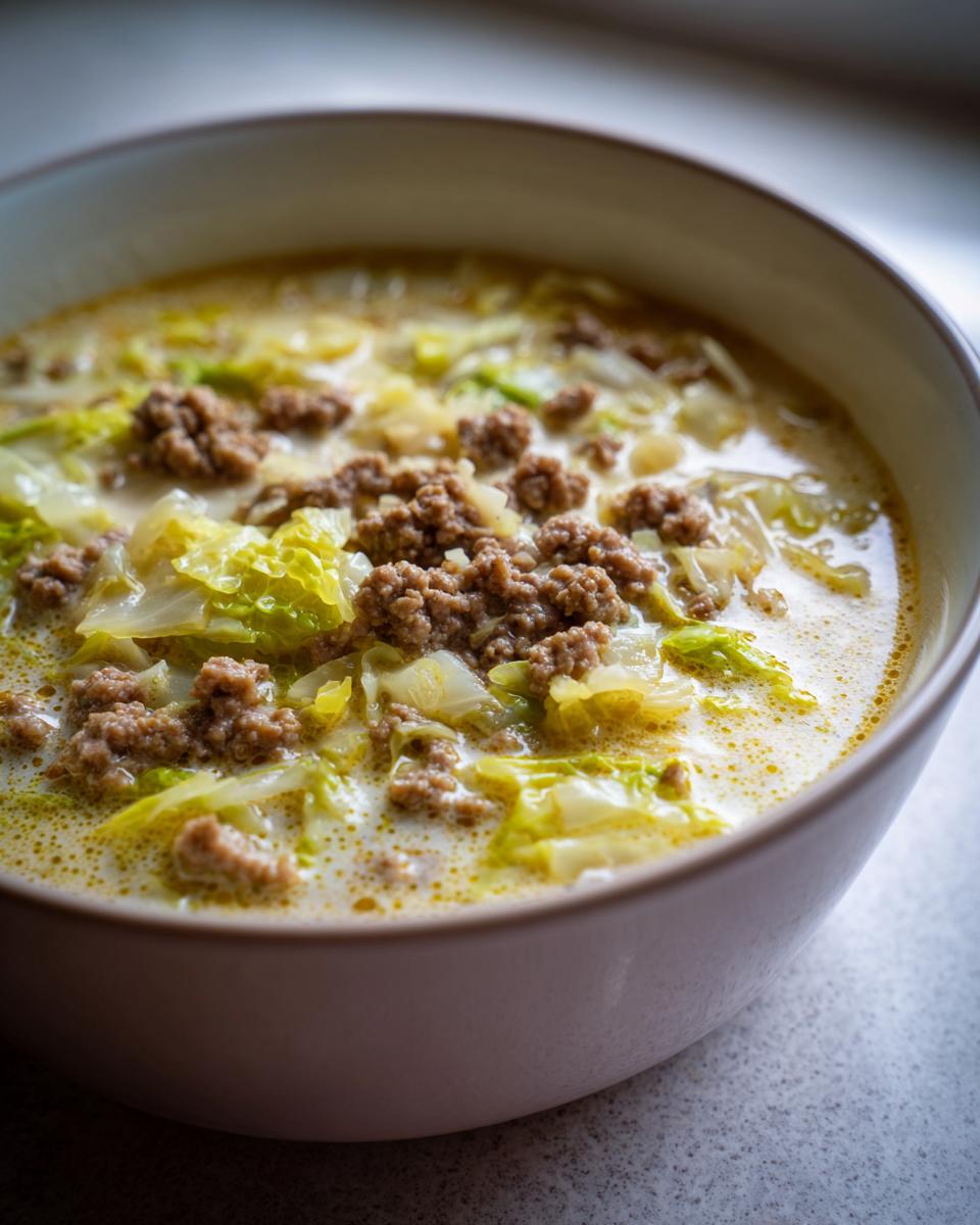 Eine Nahaufnahme einer Schüssel mit cremiger Kohlrouladen-Suppe, belegt mit gebratenem Hackfleisch und Kohlstücken.