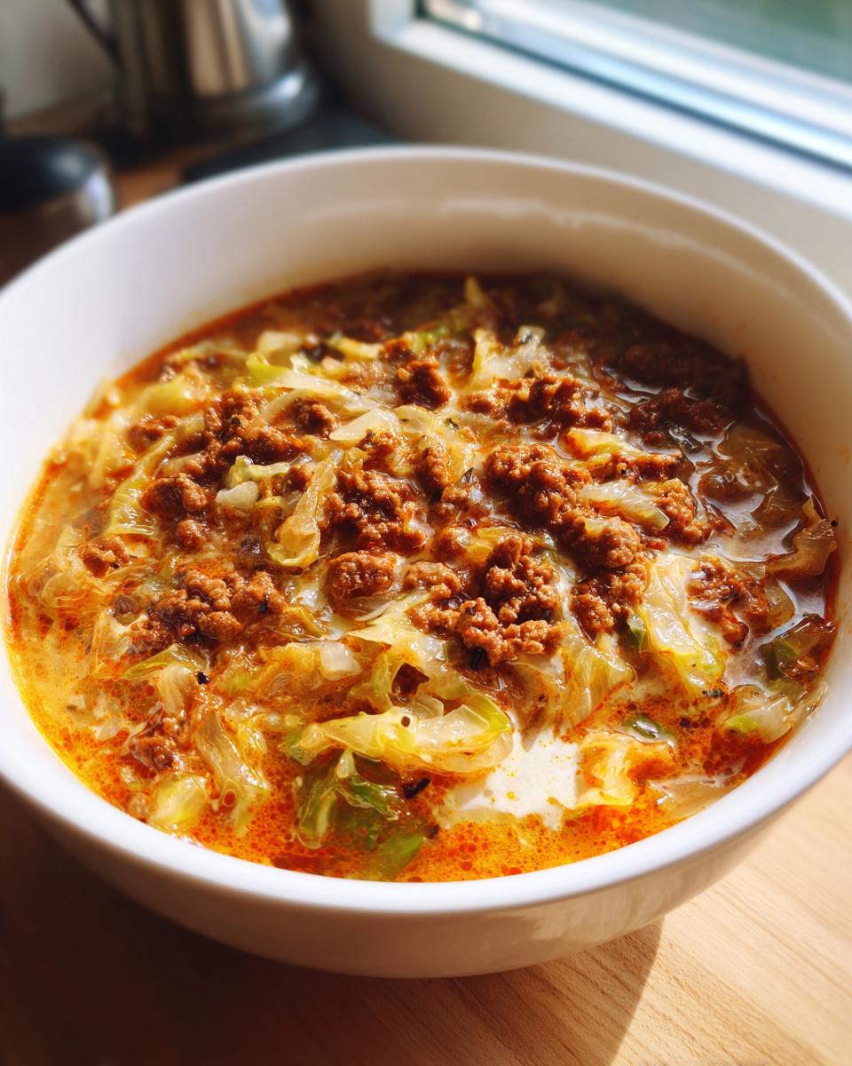 Nahaufnahme einer Schüssel mit herzhafter Kohlrouladen-Suppe, bedeckt mit Hackfleisch und einem Schuss Sahne.