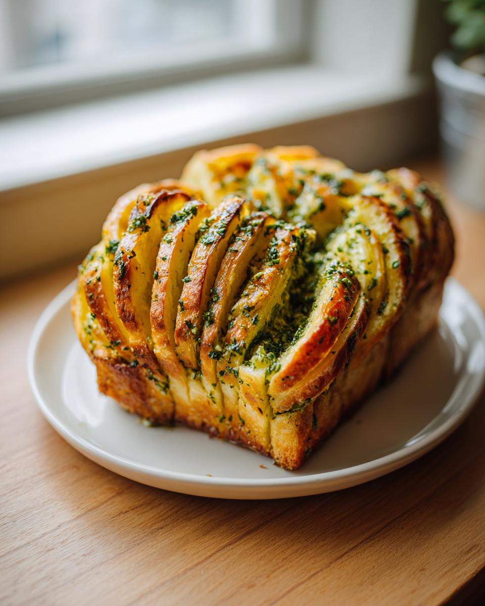 Ein goldbraunes Kräuter Zupfbrot zum Grillen, aufgeschnitten und mit Kräuterbutter gefüllt, auf einem weißen Teller.