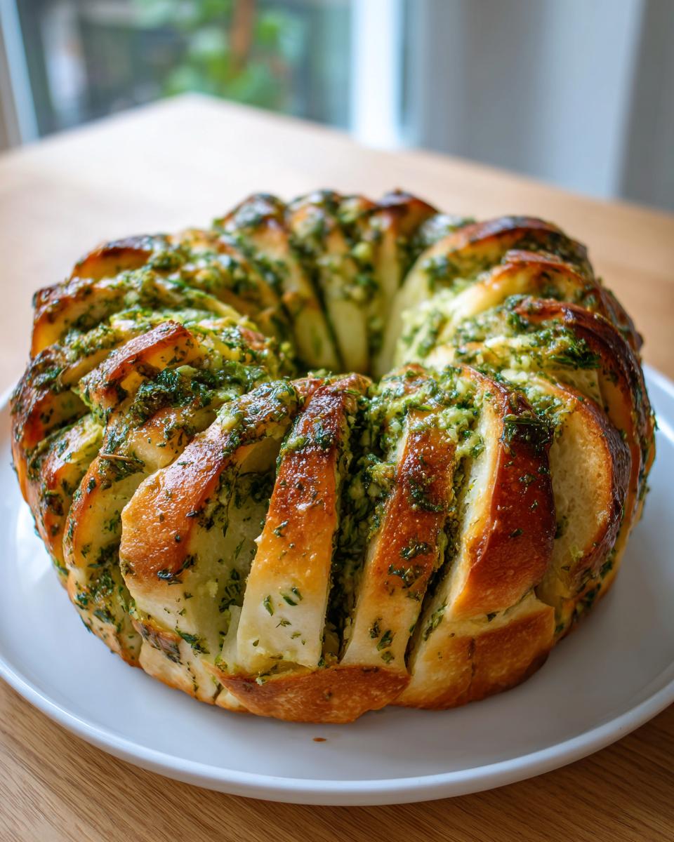 Ein goldbraunes, aufgeschnittenes Kräuter Zupfbrot zum Grillen, üppig mit grüner Kräuterbutter gefüllt, auf einem weißen Teller.