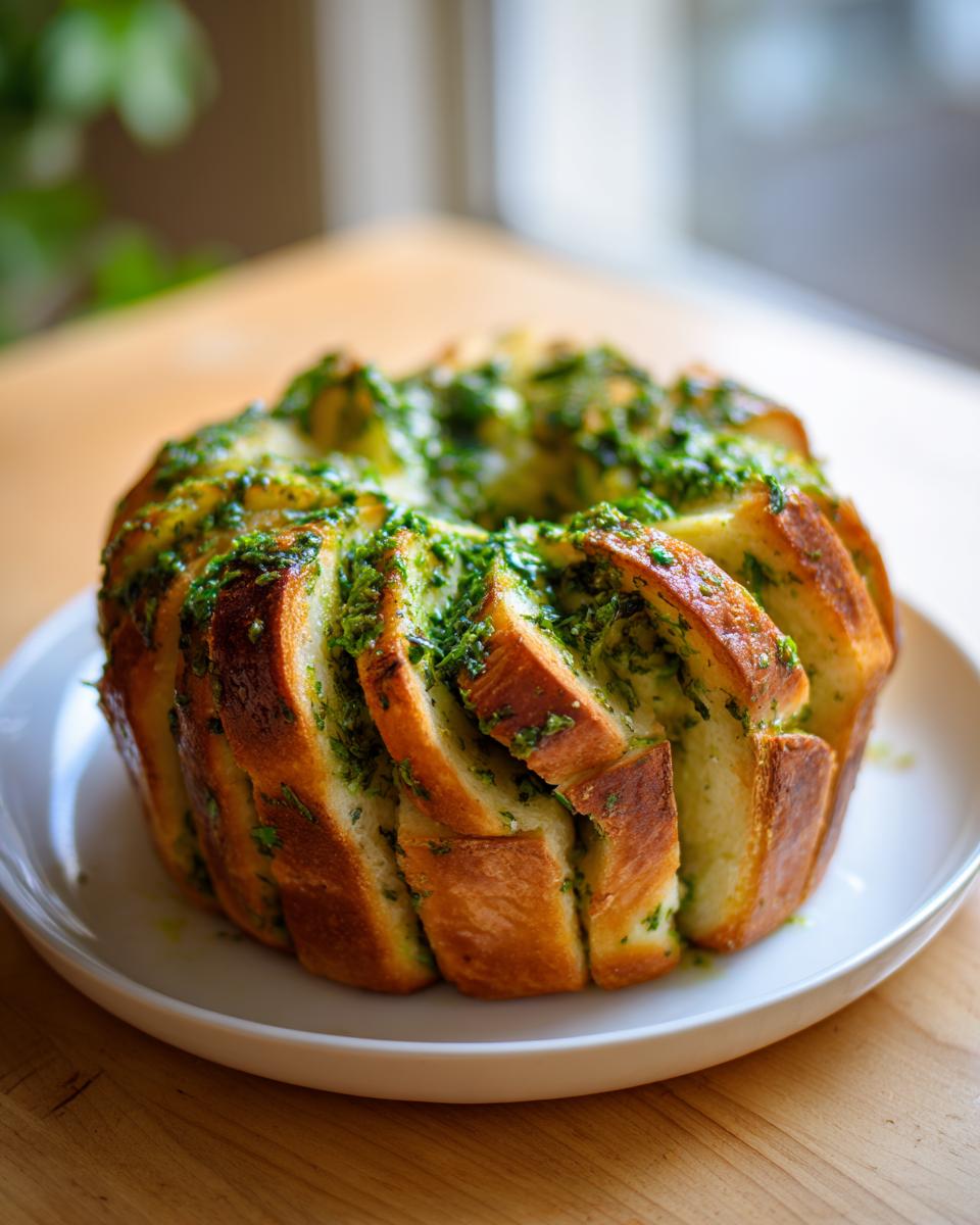Ein goldbraunes, aufgeschnittenes Kräuter Zupfbrot zum Grillen, übergossen mit grüner Kräuterbutter, auf einem weißen Teller.